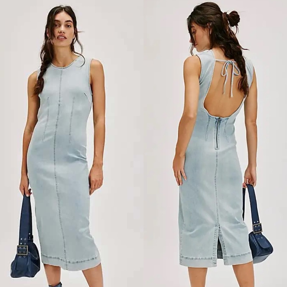 Free People Light Wash Denim Midi Dress